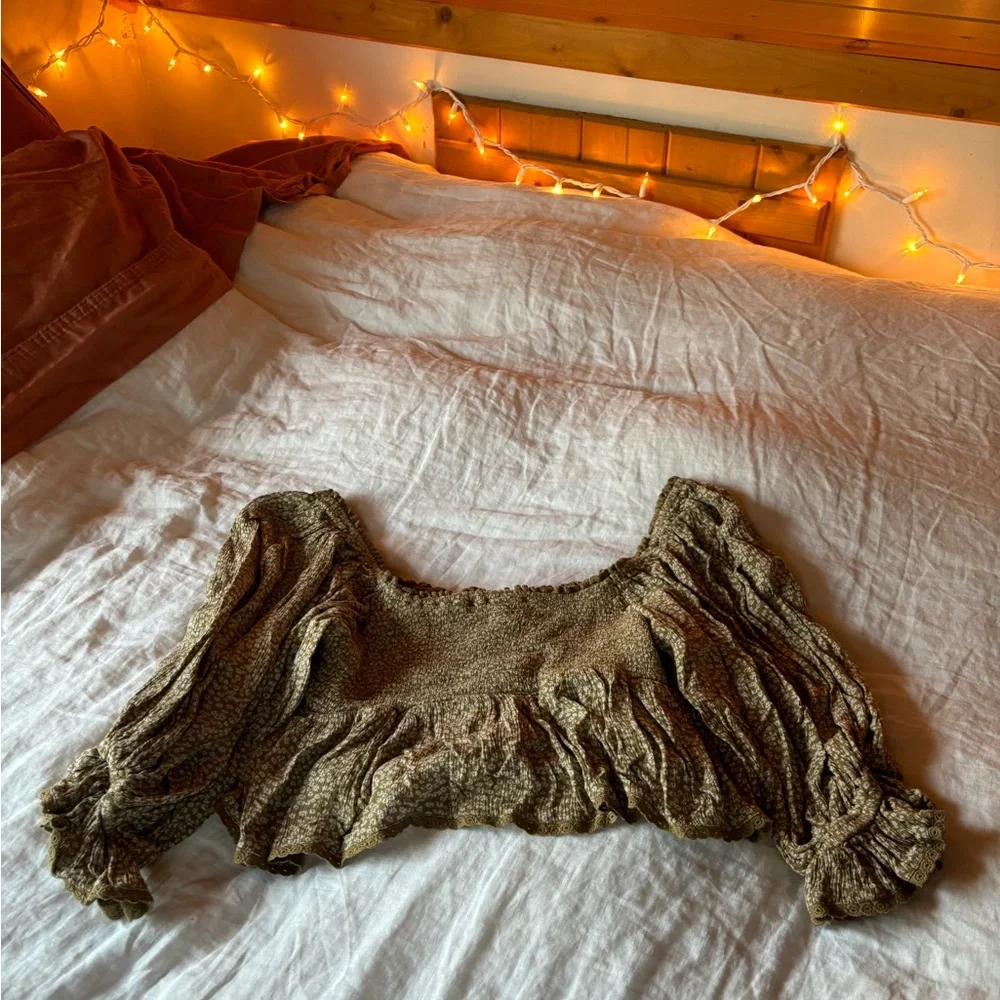 Free People Olive Green Smocked Peasant Blouse